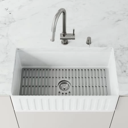 Vigo Matte Stone 33" Farmhouse Single Basin Matte Stone™ Kitchen Sink with Basin Rack, Basket Strainer and Cutting Board 4 Vigo Matte Stone 33" Farmhouse Single Basin Matte Stone™ Kitchen Sink with Basin Rack, Basket Strainer and Cutting Board - Image 2