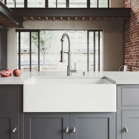 Vigo Matte Stone 33" Farmhouse Single Basin Matte Stone™ Flat Apron Kitchen Sink with Basin Rack, Basket Strainer, and Cutting Board 6 Vigo Matte Stone 33" Farmhouse Single Basin Matte Stone™ Flat Apron Kitchen Sink with Basin Rack, Basket Strainer, and Cutting Board - Image 4