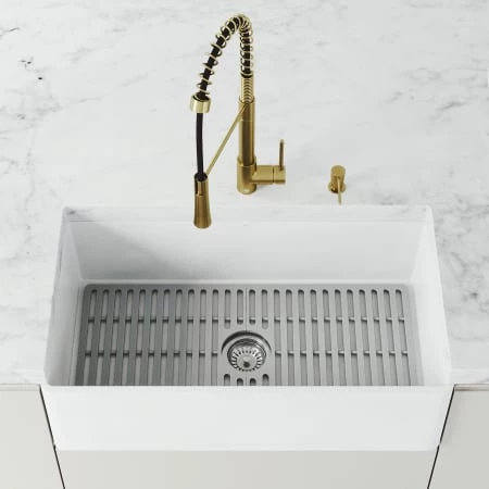 Vigo Matte Stone 33" Farmhouse Single Basin Matte Stone™ Flat Apron Kitchen Sink with Basin Rack, Basket Strainer, and Cutting Board 4 Vigo Matte Stone 33" Farmhouse Single Basin Matte Stone™ Flat Apron Kitchen Sink with Basin Rack, Basket Strainer, and Cutting Board - Image 2