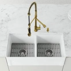 Vigo Matte Stone 36" Farmhouse Double Basin Matte Stone™ Kitchen Sink with Basin Rack, Basket Strainer and Cutting Board