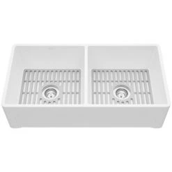 Vigo Matte Stone 36" Farmhouse Double Basin Matte Stone™ Kitchen Sink with Basin Rack, Basket Strainer and Cutting Board -Kraus Sales Shop vigo vgra3618blslk1 alternate image 119