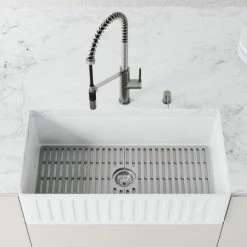 Vigo Matte Stone 36" Farmhouse Single Basin Matte Stone™ Kitchen Sink with Basin Rack, Basket Strainer and Cutting Board