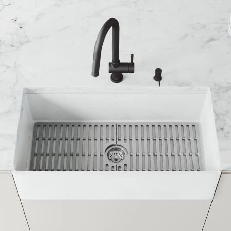 Vigo Matte Stone 36" Farmhouse Single Basin Matte Stone™ Flat Apron Kitchen Sink with Basin Rack, Basket Strainer, and Cutting Board 4 Vigo Matte Stone 36" Farmhouse Single Basin Matte Stone™ Flat Apron Kitchen Sink with Basin Rack, Basket Strainer, and Cutting Board - Image 2