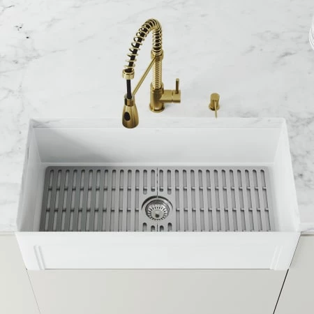 Vigo Matte Stone 36" Farmhouse Single Basin Matte Stone™ Kitchen Sink with Basin Rack, Basket Strainer and Cutting Board 3 Vigo Matte Stone 36" Farmhouse Single Basin Matte Stone™ Kitchen Sink with Basin Rack, Basket Strainer and Cutting Board