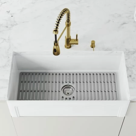 Vigo Matte Stone 36" Farmhouse Single Basin Matte Stone™ Kitchen Sink with Basin Rack, Basket Strainer and Cutting Board 4 Vigo Matte Stone 36" Farmhouse Single Basin Matte Stone™ Kitchen Sink with Basin Rack, Basket Strainer and Cutting Board - Image 2