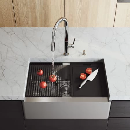 Vigo Oxford 30" Farmhouse Single Basin Stainless Steel Kitchen Sink with Basin Rack, Basket Strainer, and Cutting Board 7 Vigo Oxford 30" Farmhouse Single Basin Stainless Steel Kitchen Sink with Basin Rack, Basket Strainer, and Cutting Board - Image 5