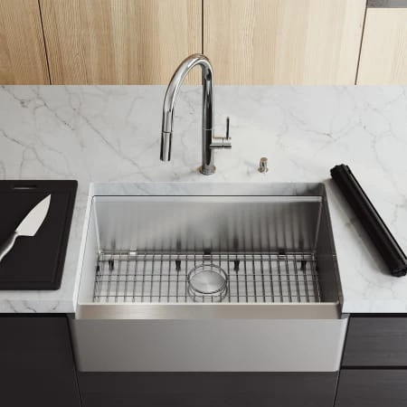 Vigo Oxford 30" Farmhouse Single Basin Stainless Steel Kitchen Sink with Basin Rack, Basket Strainer, and Cutting Board 8 Vigo Oxford 30" Farmhouse Single Basin Stainless Steel Kitchen Sink with Basin Rack, Basket Strainer, and Cutting Board - Image 6