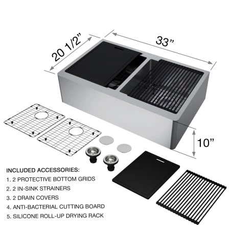 Vigo Oxford 33" Farmhouse Double Basin Stainless Steel Kitchen Sink with Basin Rack, Basket Strainer, and Cutting Board 6 Vigo Oxford 33" Farmhouse Double Basin Stainless Steel Kitchen Sink with Basin Rack, Basket Strainer, and Cutting Board - Image 4