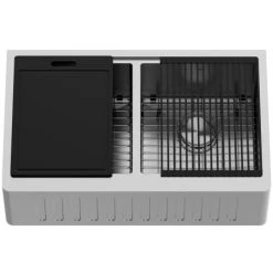 Vigo Oxford 33" Farmhouse Double Basin Stainless Steel Kitchen Sink with Basin Rack, Basket Strainer, and Cutting Board -Kraus Sales Shop vigo vgs3320blsa alternate image 129