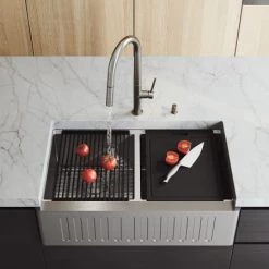 Vigo Oxford 33" Farmhouse Double Basin Stainless Steel Kitchen Sink with Basin Rack, Basket Strainer, and Cutting Board -Kraus Sales Shop vigo vgs3320blsa alternate image 330