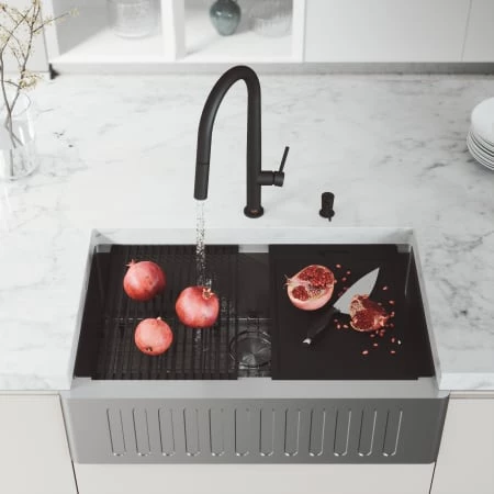 Vigo Oxford 33" Farmhouse Single Basin Stainless Steel Kitchen Sink with Basin Rack, Basket Strainer, and Cutting Board 8 Vigo Oxford 33" Farmhouse Single Basin Stainless Steel Kitchen Sink with Basin Rack, Basket Strainer, and Cutting Board - Image 6