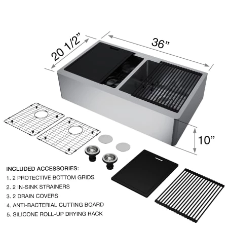 Vigo Oxford 36" Farmhouse Double Basin Stainless Steel Kitchen Sink with Basin Rack, Basket Strainer, and Cutting Board 6 Vigo Oxford 36" Farmhouse Double Basin Stainless Steel Kitchen Sink with Basin Rack, Basket Strainer, and Cutting Board - Image 4