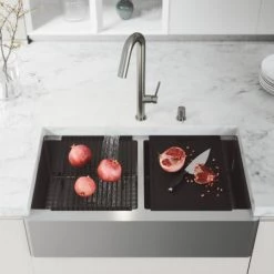 Vigo Oxford 36" Farmhouse Double Basin Stainless Steel Kitchen Sink with Basin Rack, Basket Strainer, and Cutting Board 13 Vigo Oxford 36" Farmhouse Double Basin Stainless Steel Kitchen Sink with Basin Rack, Basket Strainer, and Cutting Board -Kraus Sales Shop vigo vgs3620blfa alternate image 333