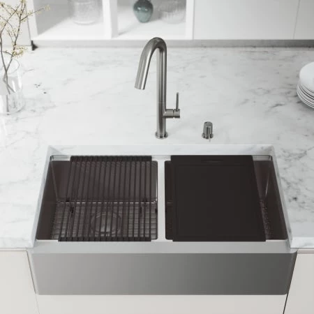 Vigo Oxford 36" Farmhouse Double Basin Stainless Steel Kitchen Sink with Basin Rack, Basket Strainer, and Cutting Board 4 Vigo Oxford 36" Farmhouse Double Basin Stainless Steel Kitchen Sink with Basin Rack, Basket Strainer, and Cutting Board - Image 2