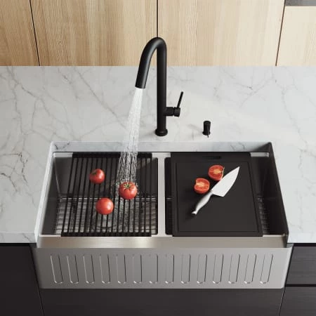 Vigo Oxford 36" Farmhouse Double Basin Stainless Steel Kitchen Sink with Basin Rack, Basket Strainer, and Cutting Board 8 Vigo Oxford 36" Farmhouse Double Basin Stainless Steel Kitchen Sink with Basin Rack, Basket Strainer, and Cutting Board - Image 6
